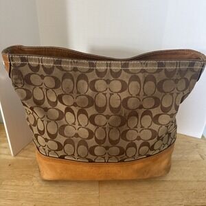 Coach bag Tan leather bottom Signature C fabric 02156 No Strap Damaged